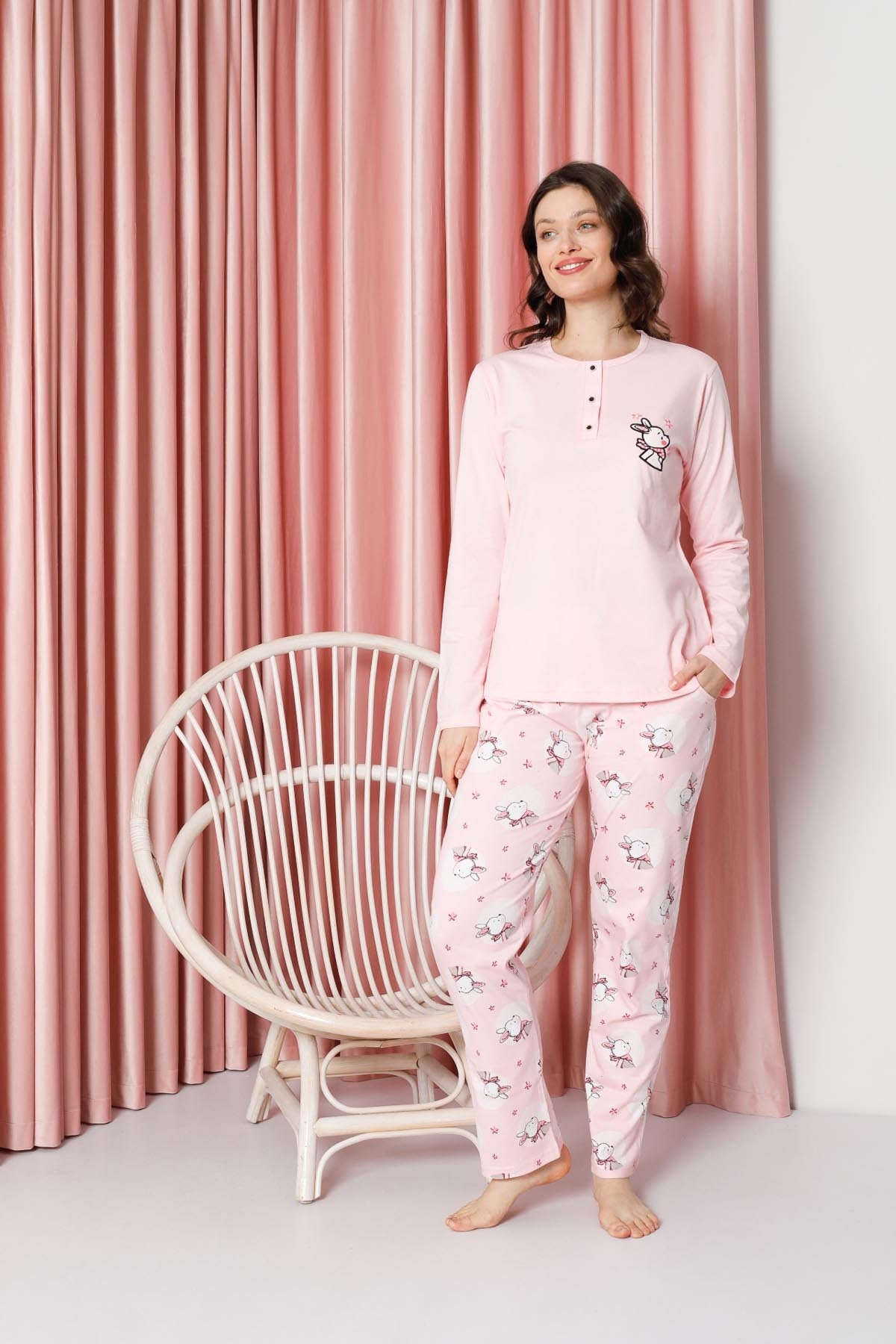 Kadın Pijama Takımı Uzun Kollu Tavşan Desenli Pamuklu Süprem W20632316