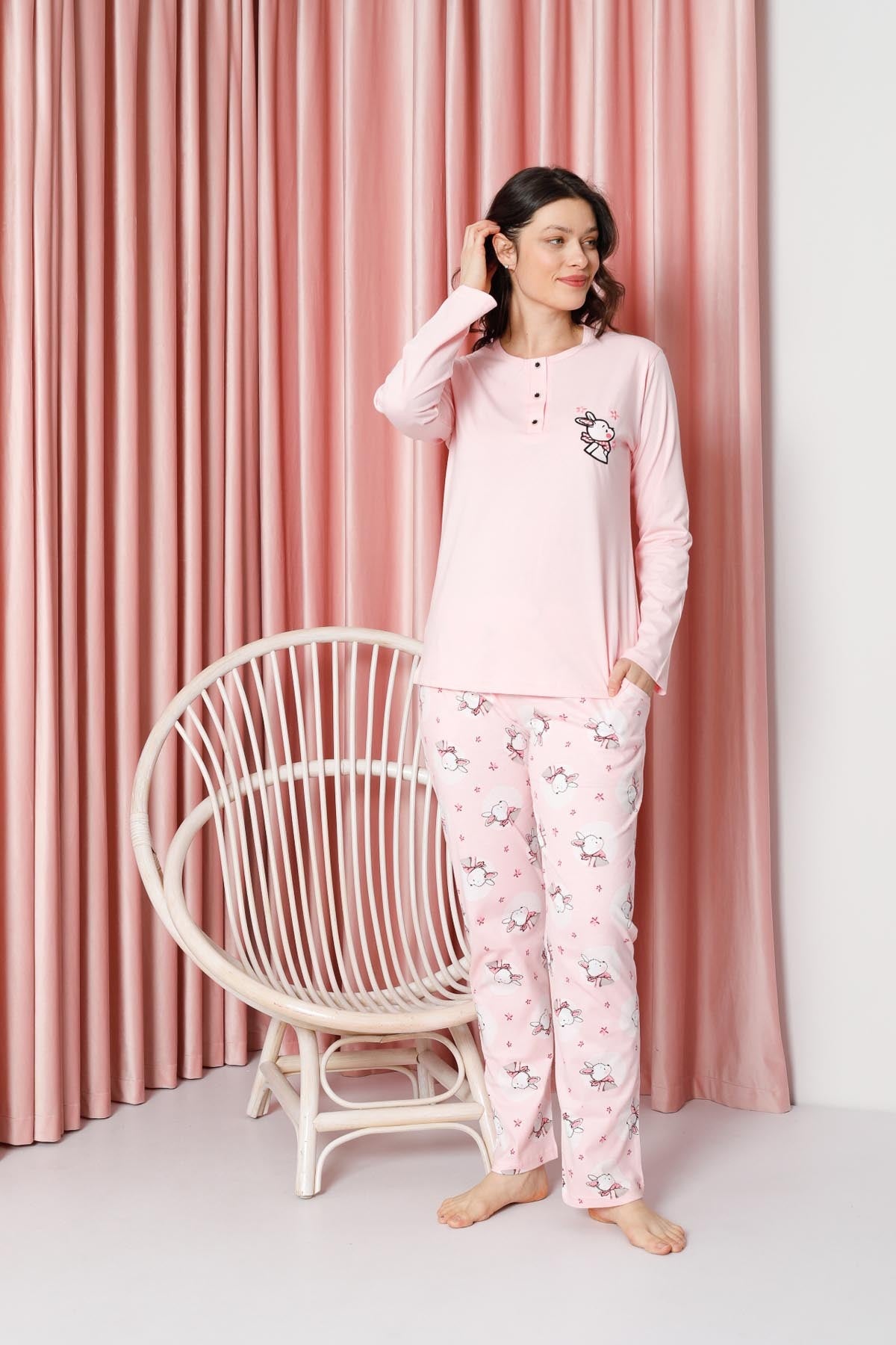 Kadın Pijama Takımı Uzun Kollu Tavşan Desenli Pamuklu Süprem W20632316