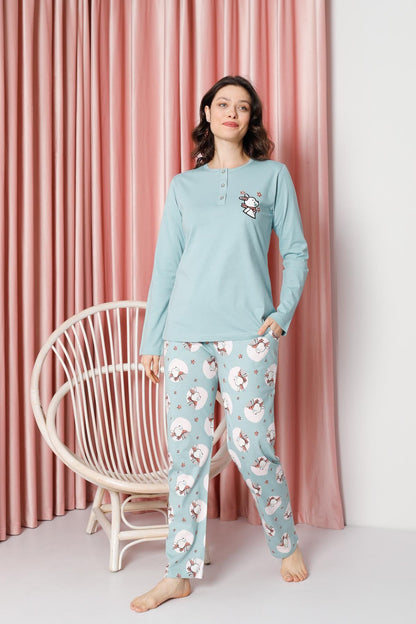 Kadın Pijama Takımı Uzun Kollu Tavşan Desenli Pamuklu Süprem W20632316