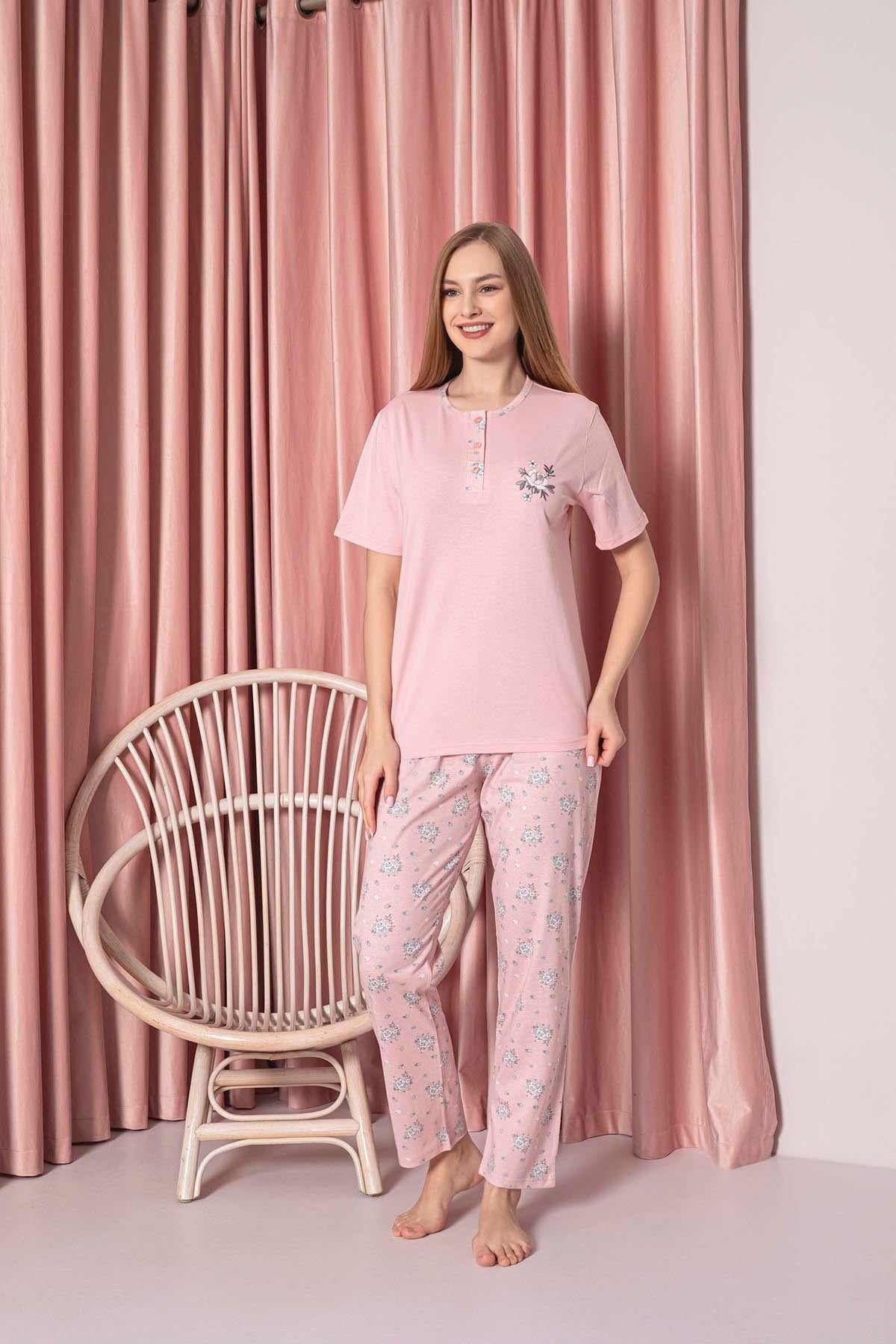 Kadın Pijama Takımı Süprem Kısa Kollu Çiçek Desenli Pamuklu W30062330