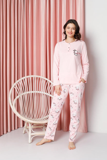 Kadın Pijama Takımı Uzun Kollu Tavşan Desenli Pamuklu Süprem W20632316